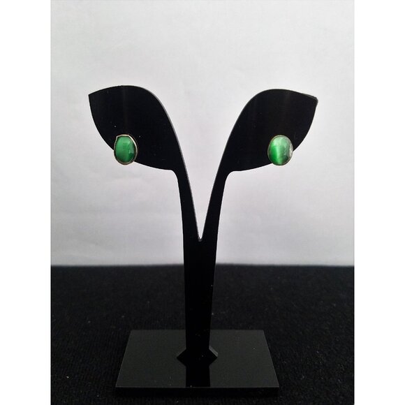 DARK GREEN CAT'S EYE Star Quartz sterling silver EARRINGS 6x8mm artisan 925 - Picture 8 of 9